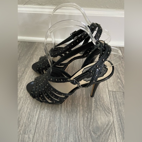 C. Dior Bonnie Black Leather Studded Open Toe Platform High Heels Size 38/ 7 - Picture 3 of 14